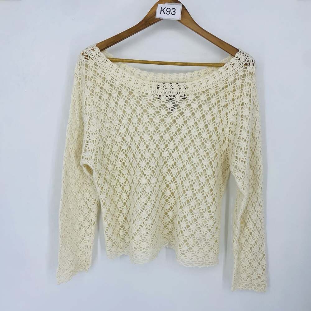 Vintage Tiara Nude Crochet Open Knit Sweater Ramie Cotton XL Boho Hippie Fall